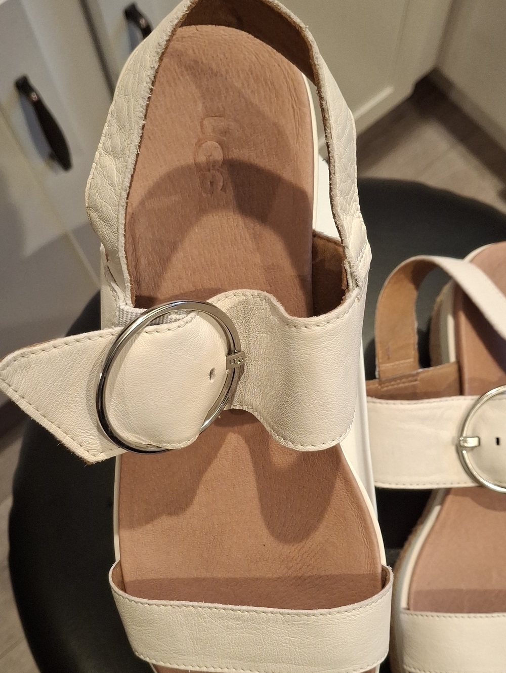 UGG Women's White Leather Slingback Sandals with Silver Buckle